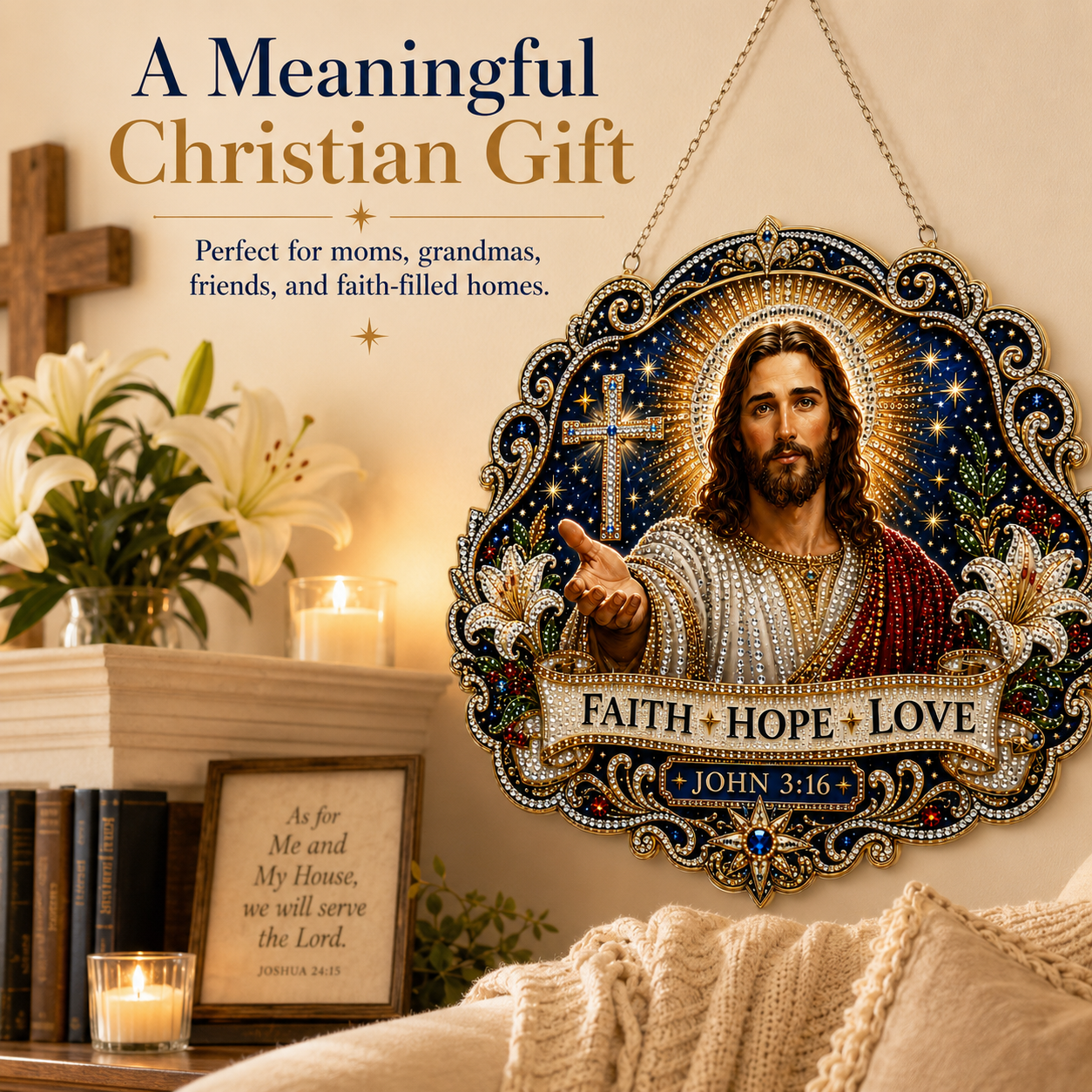 Jesus Diamond Art Hanging Ornament Kit – Faith Hope Love John 3:16 Christian Window & Wall Décor