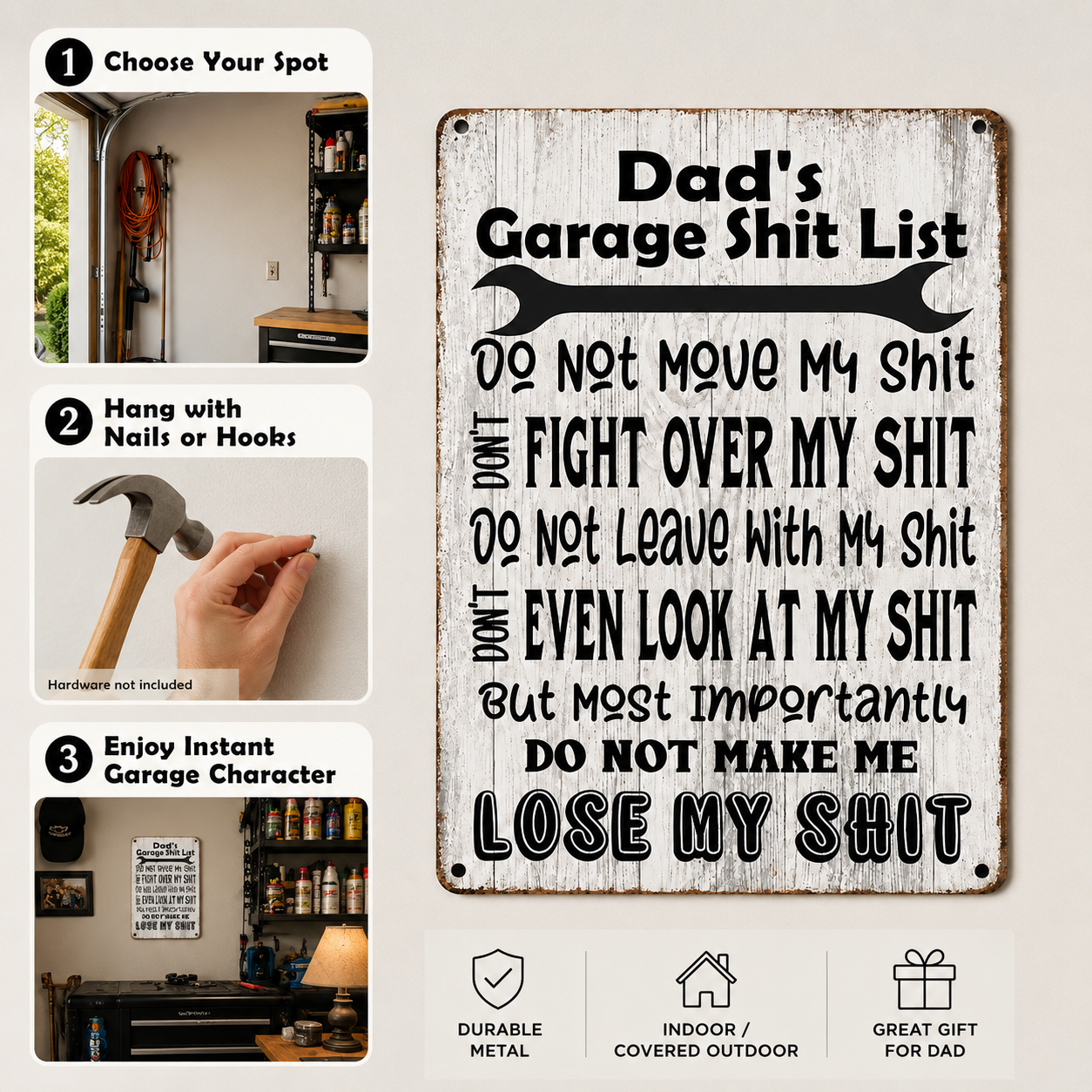 Dad’s Garage Shit List Metal Sign – Funny Garage Wall Decor Gift for Dad, Husband, Grandpa & Man Cave