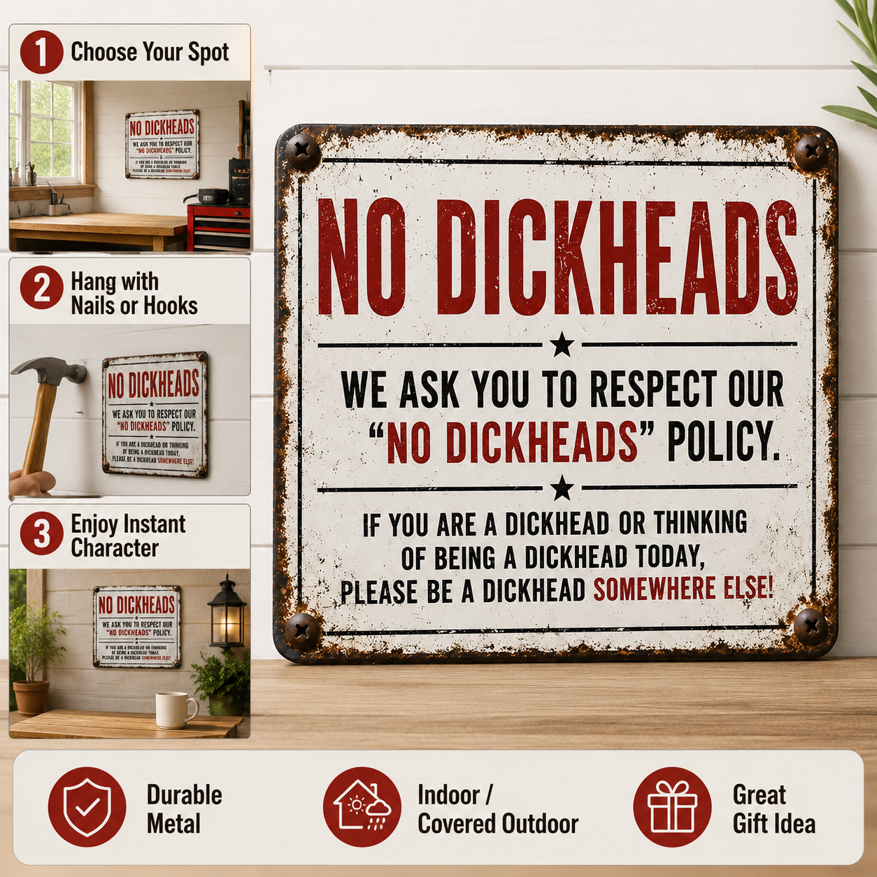No Dickheads Policy Metal Sign – Funny Rustic Garage Wall Decor