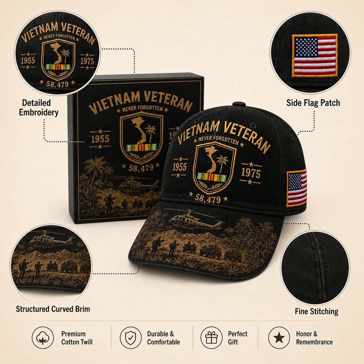 Vietnam Veteran Never Forgotten 1955–1975 Commemorative Cap