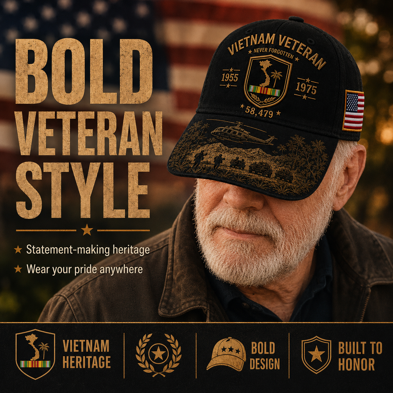 Vietnam Veteran Never Forgotten 1955–1975 Commemorative Cap